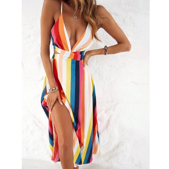 Striped Multicolor Backless Strappy V-Neck Maxi Dress Leg Slit - Picture 9 of 16